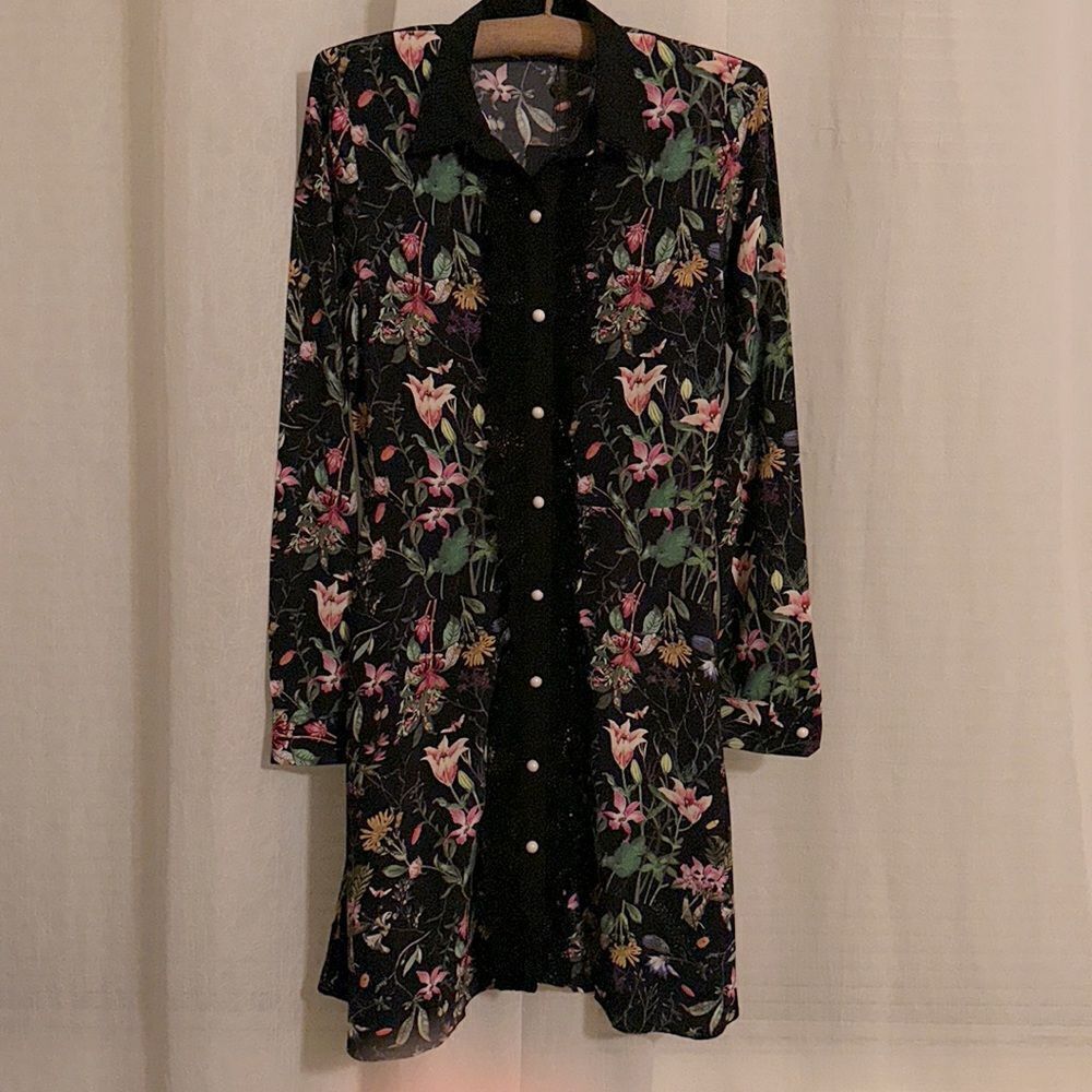 The Kooples S Black Daisy Love Floral Print Preppy Long Sleeve A-Line Dress